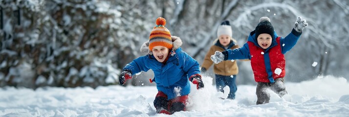 Joyful children dressed in winter attire are playing together in the snow, having fun and enjoying the cold weather, capturing the excitement of snowy adventures.