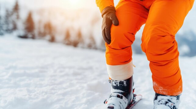 Professional Skier Being Treated by Medical Team for Twisted Knee Injury While on Ski Slope During Winter Sports Activity