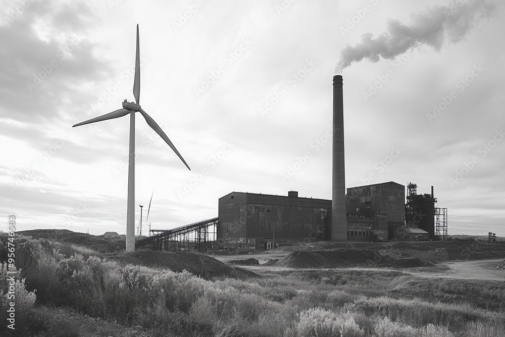 Aufkleber wind turbines stand tall against old factories, highlighting the shift from coal mining to renewable