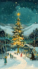 Snow village illustration poster background