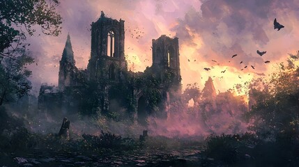 Fototapeta premium Towering Gothic Ruins Overrun by Nature in Twilight Watercolor Landscape