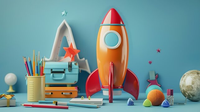 Back to school theme with a rocket with school supplies. school. Ultra realistic. Photorealistic