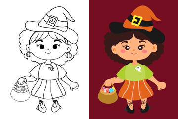 cartoon of a cute little girl in a witch hat holding a basket of candy