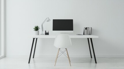 Minimalist White Home Office Desk with Chair and Computer.