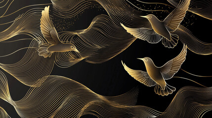 Three birds flying in a gold and black swirl