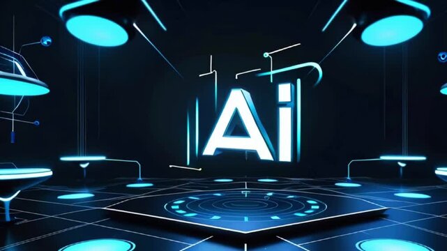 A futuristic scene with a glowing AI logo, blue lights, and a hexagonal platform with a circular design.