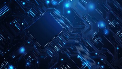 Closeup of a Circuit Board with Blue Glowing Lines