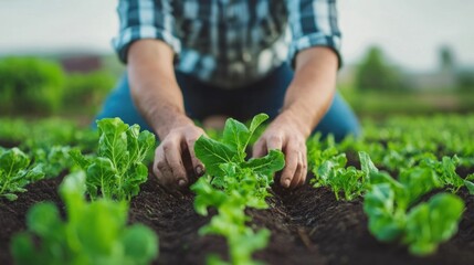 Organic farmer carefully tending to an expansive garden field manually weeding the soil by hand to maintain healthy crops and natural growth