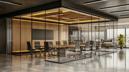 Modern glass and wood boardroom with black wood paneling, square table, conference room interior