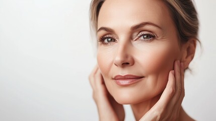 Fototapeta premium A serene middle-aged woman gently touching her face, showcasing natural beauty and self-care in a soft-lit setting