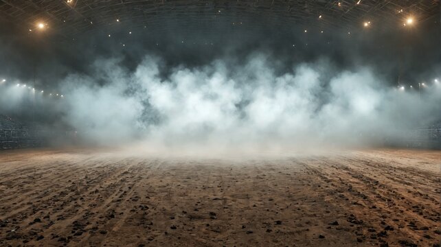 Empty arena large amount smoke rising from ground desolate rodeo