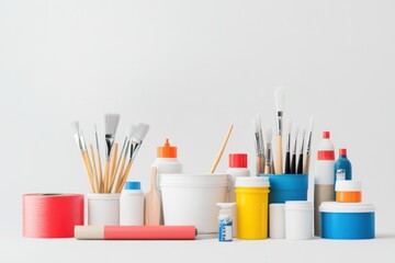 An array of colorful art supplies including paints, brushes, and containers on a white background for creative projects.