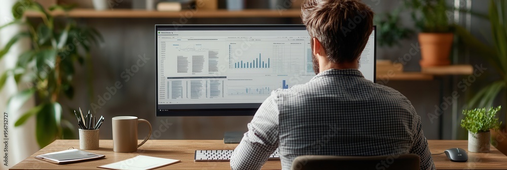 Aufkleber An expert intensely analyzes complex data on a large monitor, surrounded by a tidy workspace with essential tools and a coffee mug. Generative AI