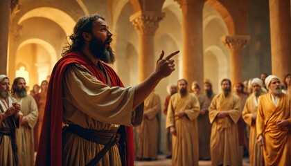 Man long hair beard wearing red robe standing A passionate depic