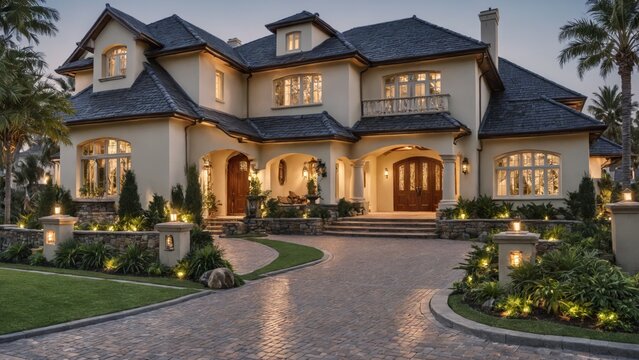 Luxurious two-story house large front entrance painted light Bea