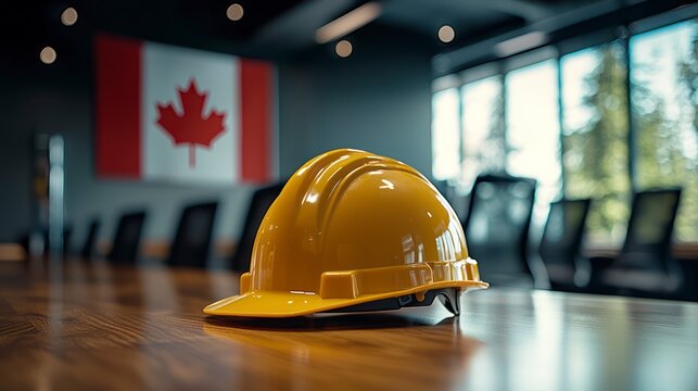 Yellow construction helmet on a conference table with the Canadian flag in the background