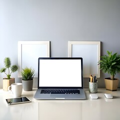 Clean and modern workspace mockup featuring a laptop. tablet. blank frames. and office supplies.