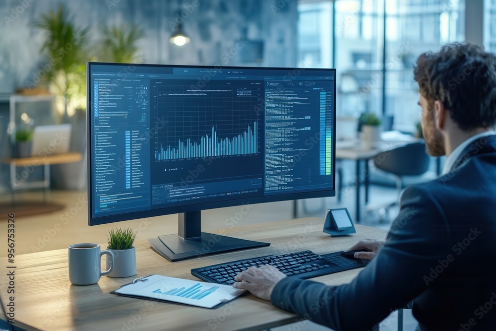 Poster an expert focuses intently on a large monitor, analyzing data while seated at a neatly organized des