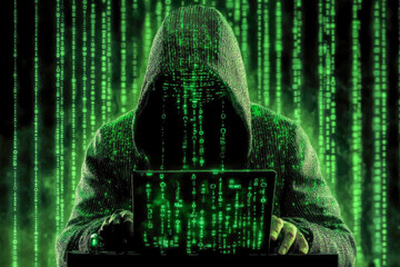 A hooded figure operates a laptop emitting green code, symbolizing hacking and cyber security risks in a digital matrix.
