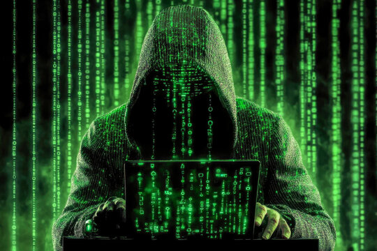 A hooded figure operates a laptop emitting green code, symbolizing hacking and cyber security risks in a digital matrix.