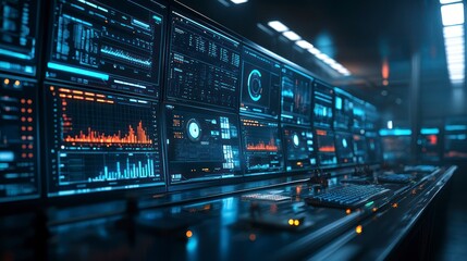 Naklejka premium Multiple monitors displaying data and analytics in a dark control room