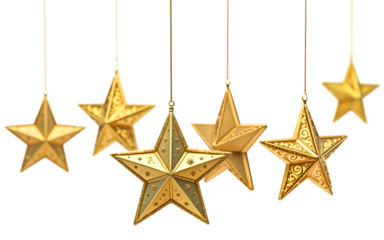 Six golden Christmas decoration stars hanging isolated