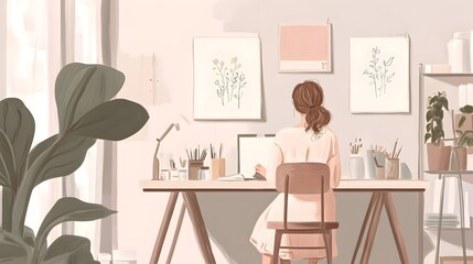 Young Girl Sketching and Relaxing at Creative Art Studio with Workshop Invitations