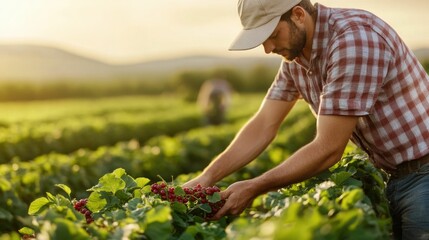 A skilled farmer carefully pruning organic berry bushes ensuring a bountiful and healthy harvest of fresh juicy fruit  The deep depth of field creates a serene focused atmosphere