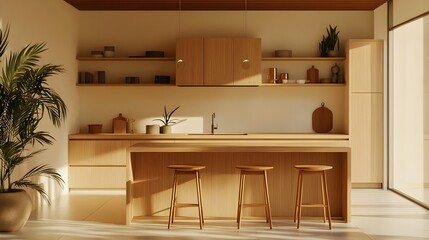 Fototapeta premium Minimalist Kitchen Design with Warm Wooden Accents and Clean Organized Atmosphere