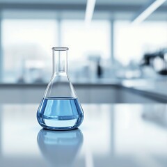 Close-up of lab flasks with blue liquid, minimalistic modern lab setting