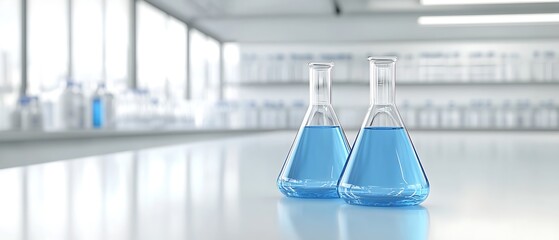 Close-up of lab flasks with blue liquid, minimalistic modern lab setting