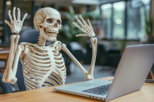 A skeleton enthusiastically greets the world from an office desk in a modern workspace