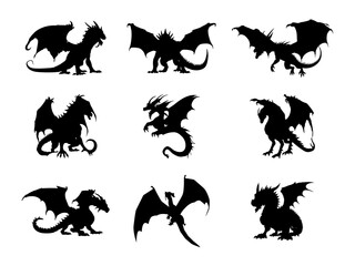 Set of Dragon Silhouette in various poses isolated on white background