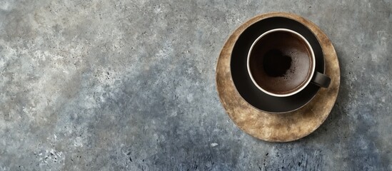 Black cup coffee wooden saucer is placed gray Top view