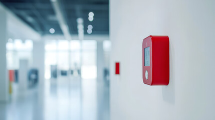 Minimalist fire alarm control panel mounted on white wall, enhancing safety in modern space.