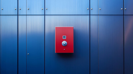 Close up of fire alarm control panel on sleek metal surface, showcasing vibrant red color against blue background.