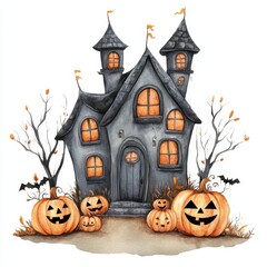 Fototapeta premium Spooky Halloween watercolor house with pumpkin decorations on a white background