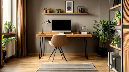 Minimalist and Productive Home Office Design with Warm Wood Tones