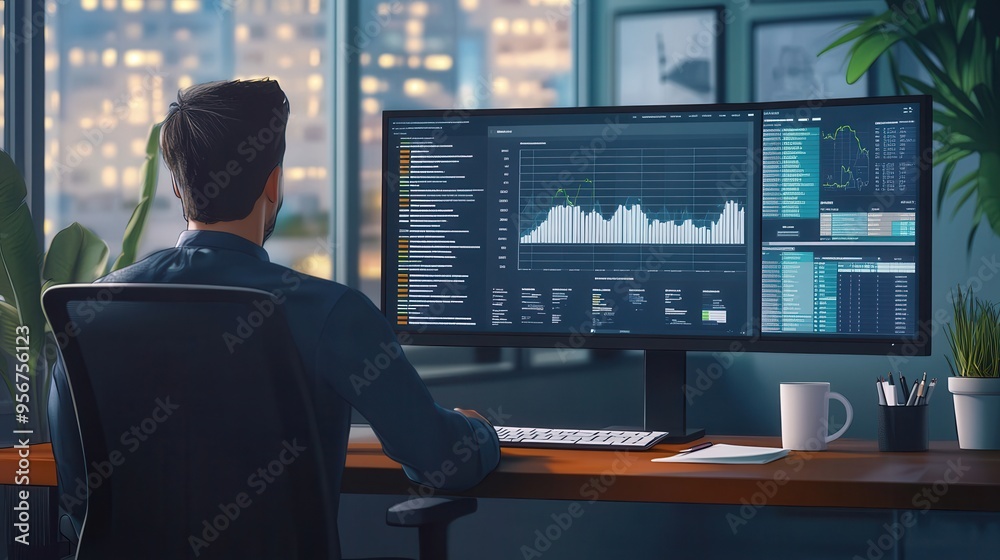 Fototapete an expert is focused on a computer monitor, analyzing data while surrounded by a neatly arranged wor