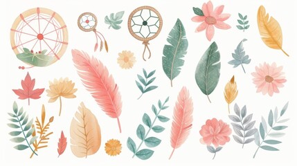 Fototapeta premium Autumn Dreams in whimsical letters, with dreamcatchers and leaves, watercolor design, isolated on white background