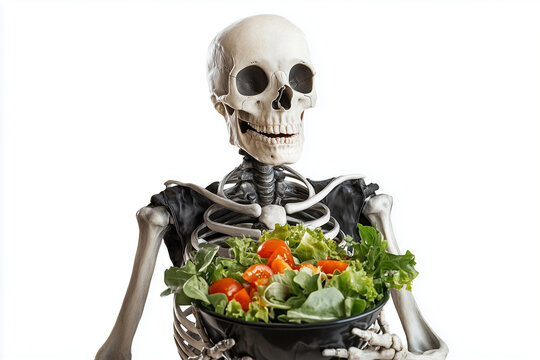 A cheerful skeleton enjoying a vibrant salad while embracing a healthy lifestyle at home