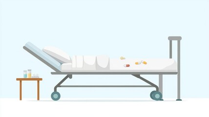 Hospital bed, with medicine on side table, flat design illustration
