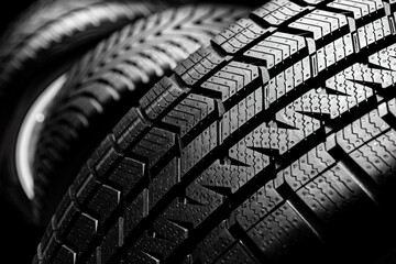 Close up profile modern car tyres row
