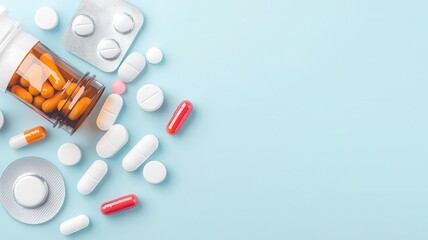 Overthecounter medicine, various pills in packaging, flat design illustration