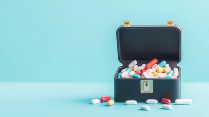 Medicine chest, open with capsules and tablets visible, flat design illustration