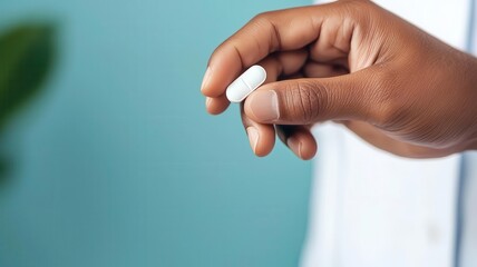 Patient taking medicine, closeup of hand with pill, flat design illustration