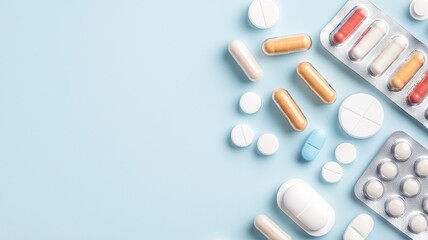 Overthecounter medicine, various pills in packaging, flat design illustration