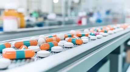 Pharmaceutical factory, production line with capsules, flat design illustration