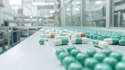 Pharmaceutical factory, production line with capsules, flat design illustration