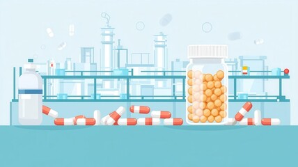 Pharmaceutical factory, production line with capsules, flat design illustration